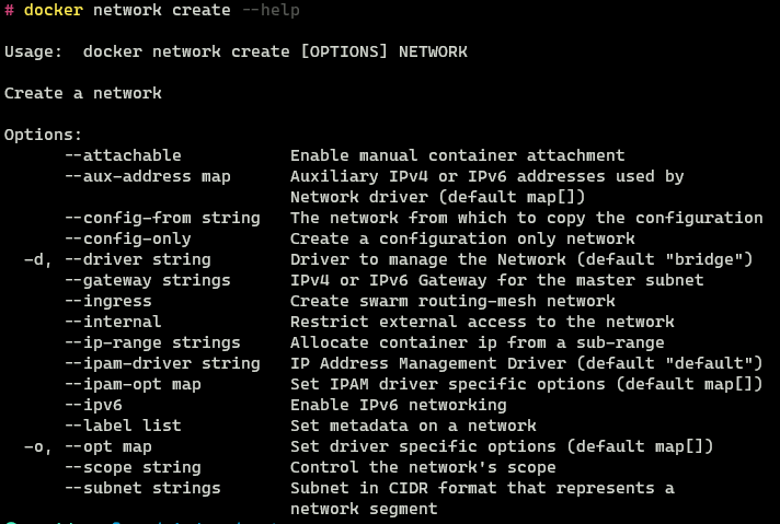 Docker Network Create Help Menu
